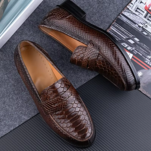 Brown Crocodile-Embossed Penny Loafers