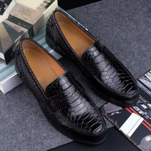 Black Crocodile-Embossed Penny Loafers