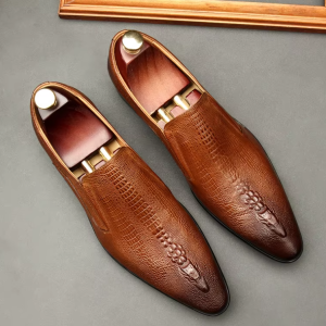Brown Crocodile-Embossed Slip-On Dress Loafers