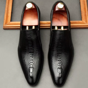 Black Crocodile-Embossed Slip-On Dress Loafers