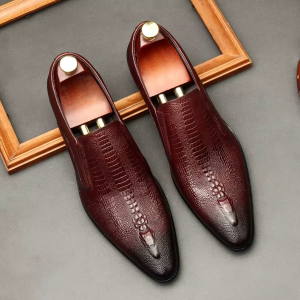 Burgundy Crocodile-Embossed Slip-On Dress Loafers