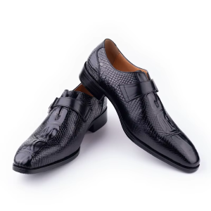 Black Crocodile-Embossed Monk Strap Dress Shoes