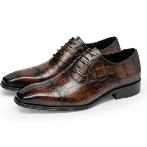 Brown Patina Crocodile-Embossed Lace-Up Oxford Shoes