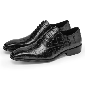 Black Crocodile-Embossed Lace-Up Oxford Shoes