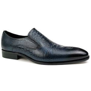 Navy Blue Crocodile-Embossed Slip-On Loafers
