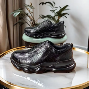 Black Crocodile-Embossed Chunky Sole Sneakers