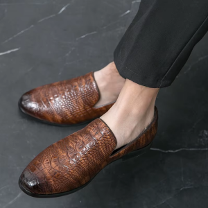 Brown Patina Crocodile-Embossed Slip-On Loafers