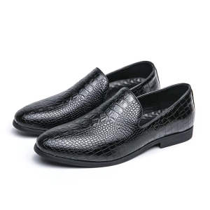 Black Gloss Crocodile-Embossed Slip-On Loafers
