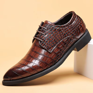 Brown Patina Crocodile-Embossed Derby Shoes