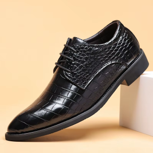 Black Gloss Crocodile-Embossed Derby Shoes