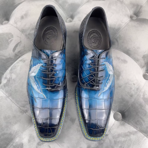Blue Gradient Embroidered Crocodile-Embossed Oxfords