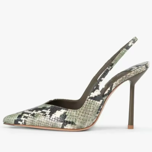 Grey-Green Snake-Print Slingback Stiletto Heels