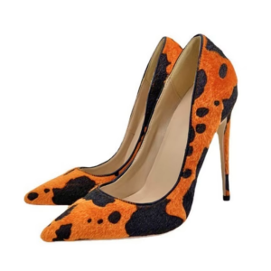 Orange-Black Animal Print Calf Hair Pointed-Toe Stiletto Pumps