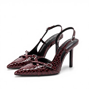 Burgundy Gloss Crocodile-Embossed Buckle Slingback Heels
