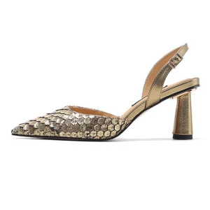 Metallic Gold Scale-Embossed Slingback Block Heels
