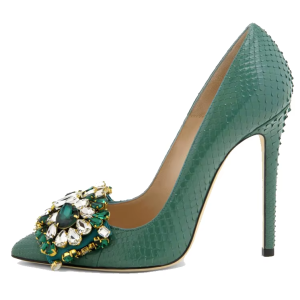 Emerald Green Python-Embossed Jewel-Embellished Stiletto Pumps