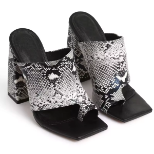 Black & White Python-Print Block Heel Toe-Ring Mules