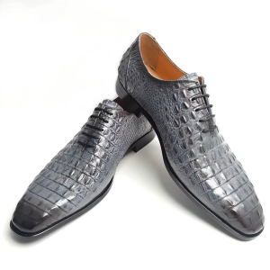 Gradient Grey Crocodile Whole-Cut Oxford Dress Shoes
